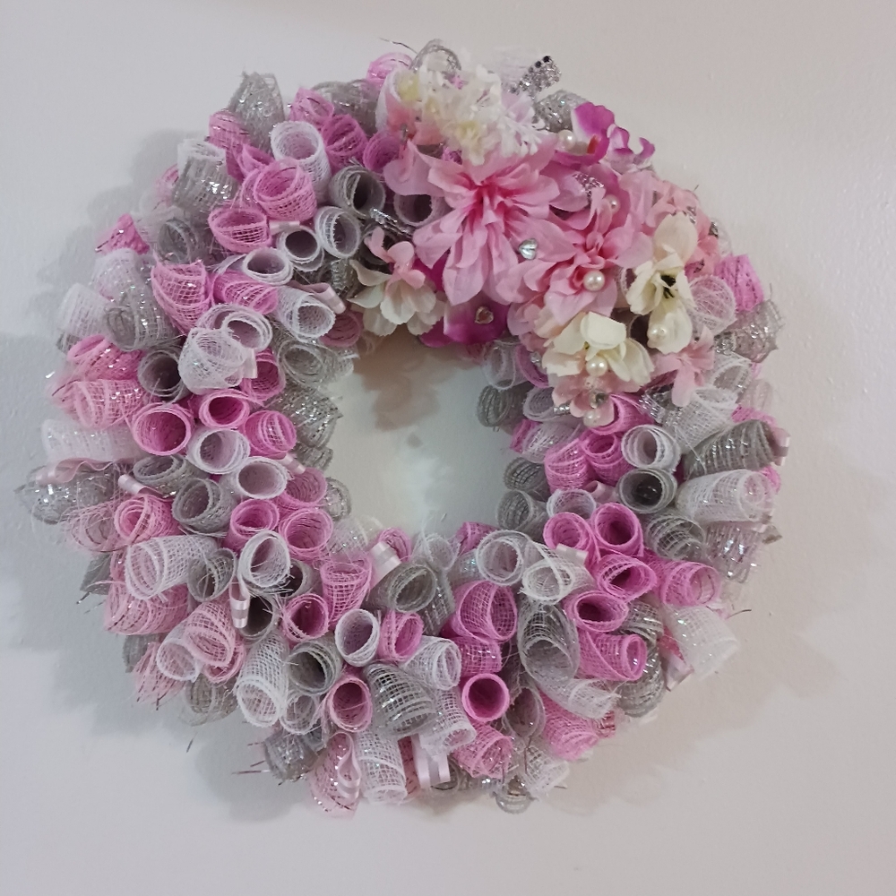 Spring Wreath Pink Silver White Pears 12 Inch Handmade Floral